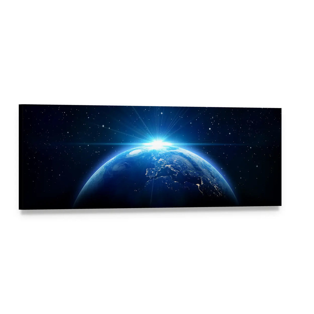 Orbital Sunrise Over Earth Panoramic Canvas Wall Art, single panel gallery wrapped canvas, angled product view