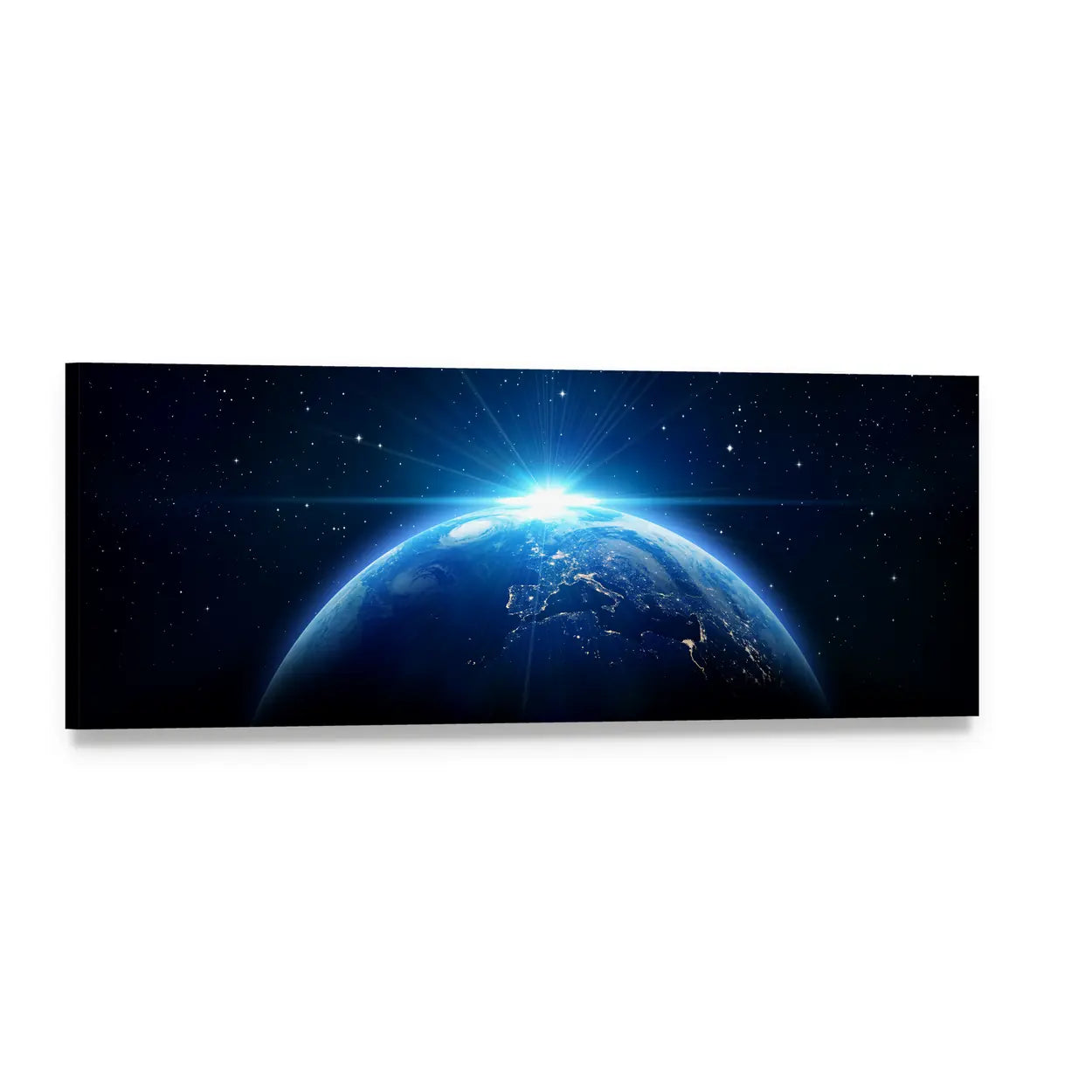 Orbital Sunrise Over Earth Panoramic Canvas Wall Art, single panel gallery wrapped canvas, angled product view