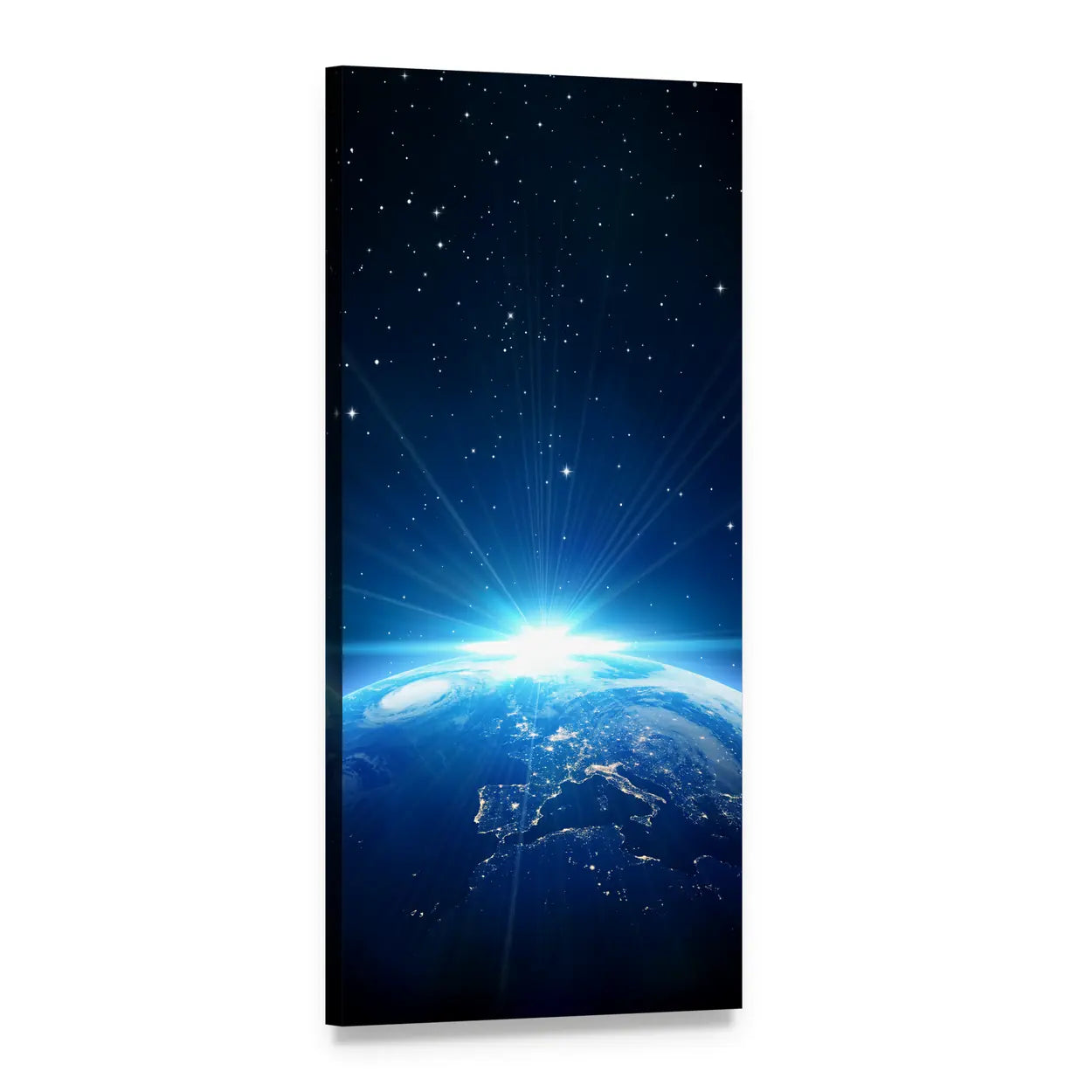 Sunrise Over Europe and Africa from Orbit Vertical Canvas Wall Art, 1 panel 1 Vertical layout gallery wrapped canvas set, angled product view