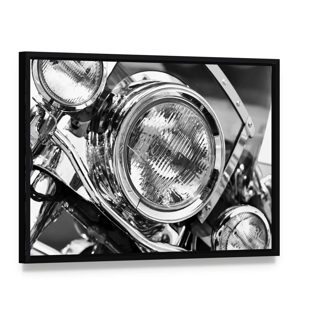 Motorcycle Headlights Canvas Wall Art, framed canvas in a black floater frame, angled product view