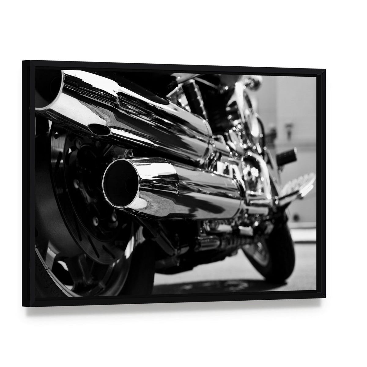 Motorcycle Exhaust Pipes Canvas Wall Art, framed canvas in a black floater frame, angled product view