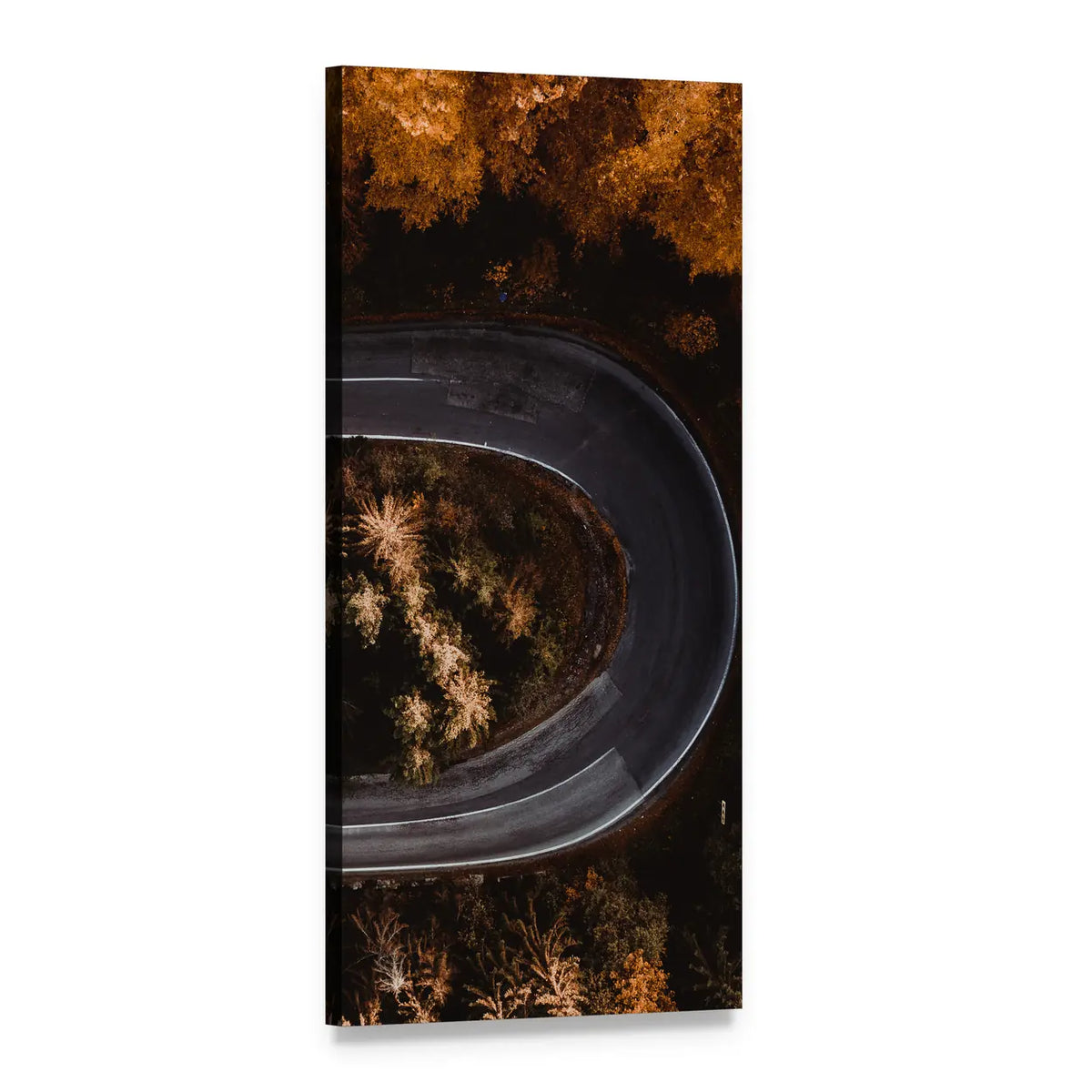 Autumn Forest Road with Hairpin Turn Vertical Canvas Wall Art, 1 panel 1 Vertical layout gallery wrapped canvas set, angled product view