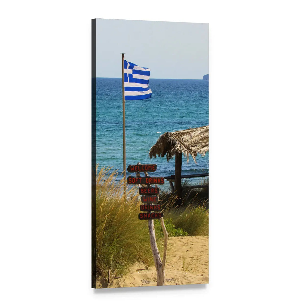 Aegean Beach Signpost with Greek Flag Vertical Canvas Wall Art, 1 panel 1 Vertical layout gallery wrapped canvas set, angled product view