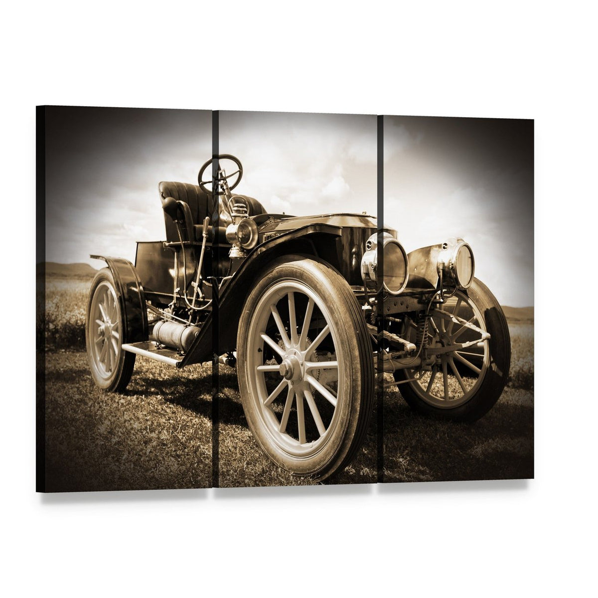 Vintage Car Front Close-up Canvas Wall Art, 3 panel 3 Horizontal layout gallery wrapped canvas set, angled product view
