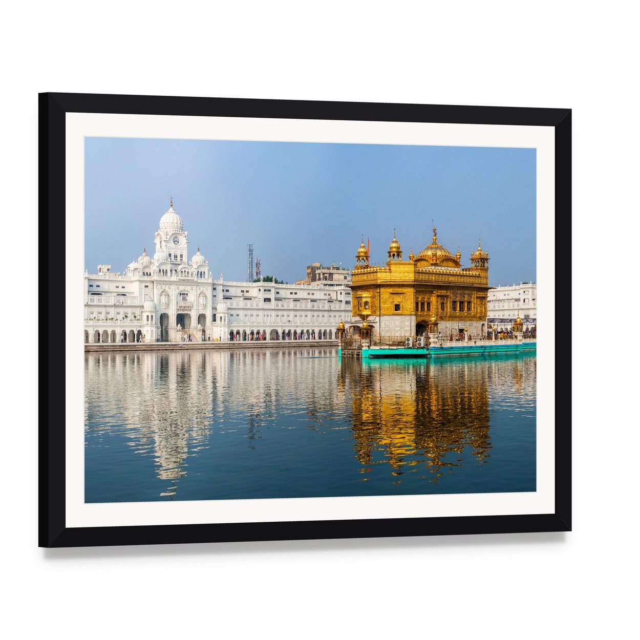 Golden Temple Reflections in India Canvas Wall Art, framed print with white mat and black frame, angled product view