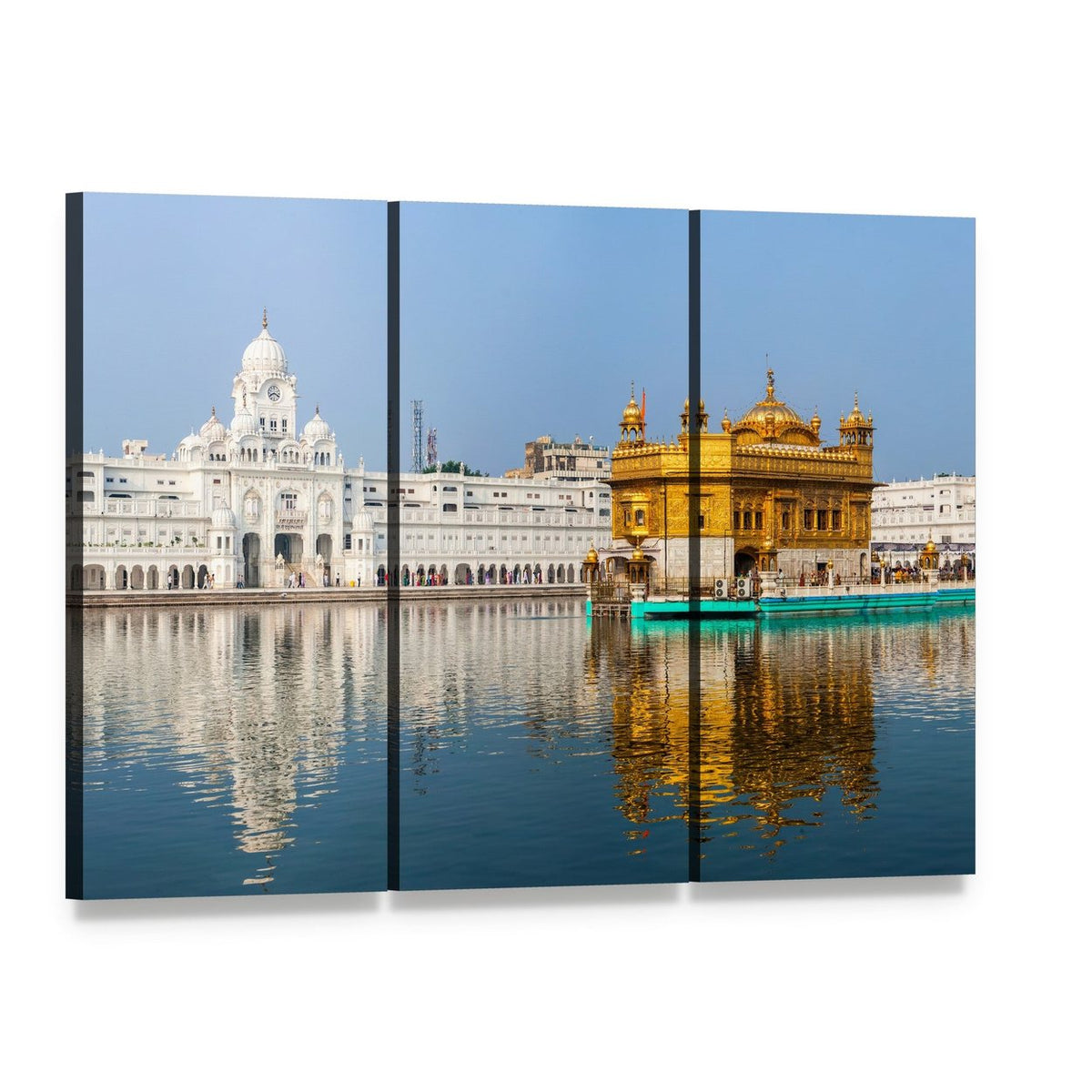 Golden Temple Reflections in India Canvas Wall Art, 3 panel 3 Horizontal layout gallery wrapped canvas set, angled product view