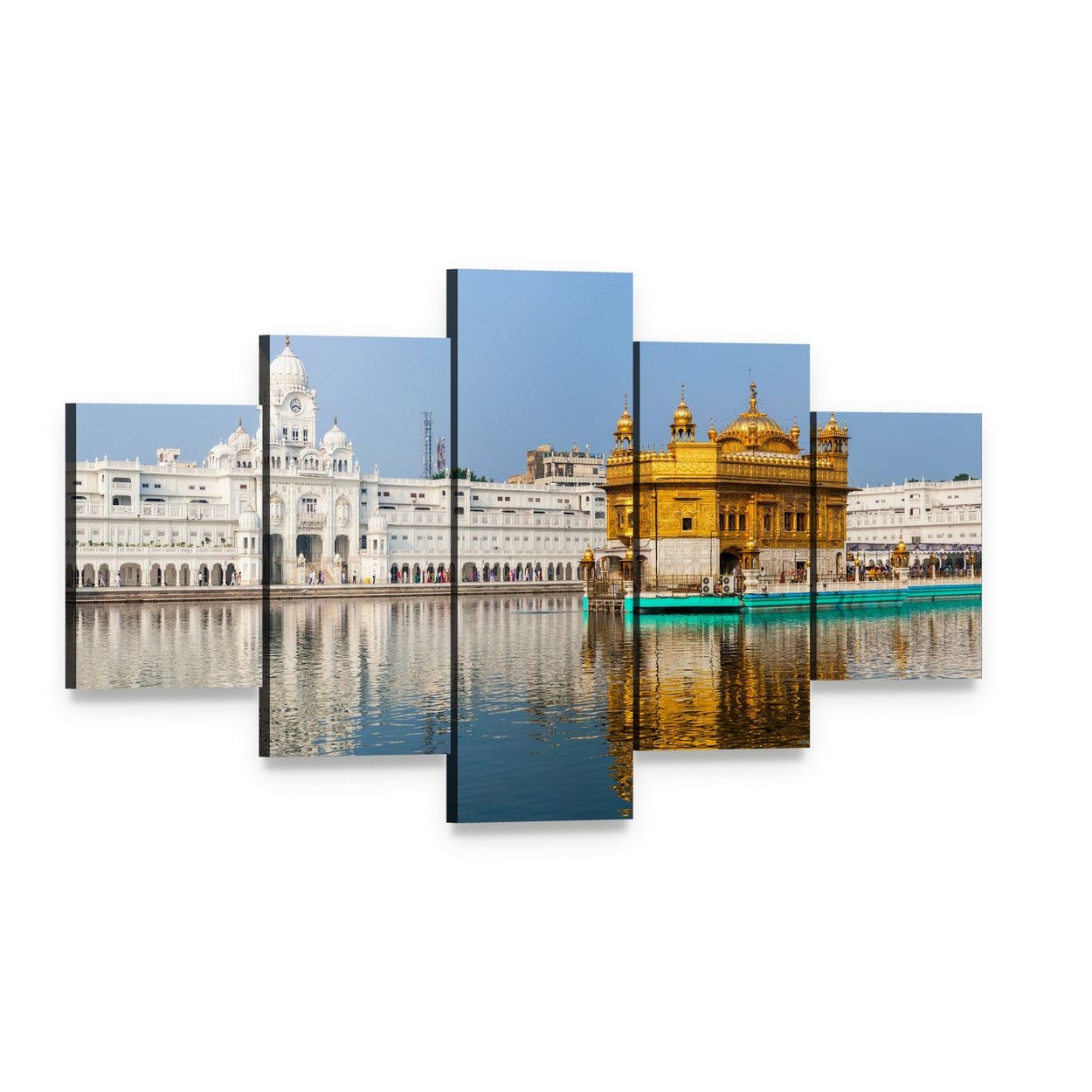 Golden Temple Reflections in India Canvas Wall Art, 5 panel 5 Star layout gallery wrapped canvas set, angled product view