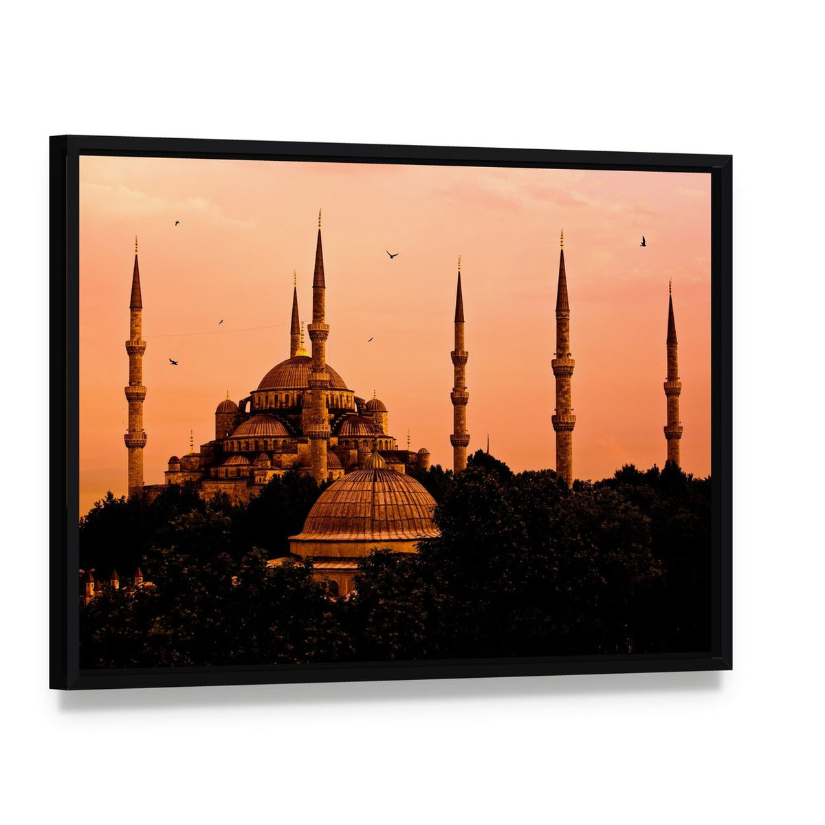 Blue Mosque in Istanbul Canvas Wall Art, framed canvas in a black floater frame, angled product view