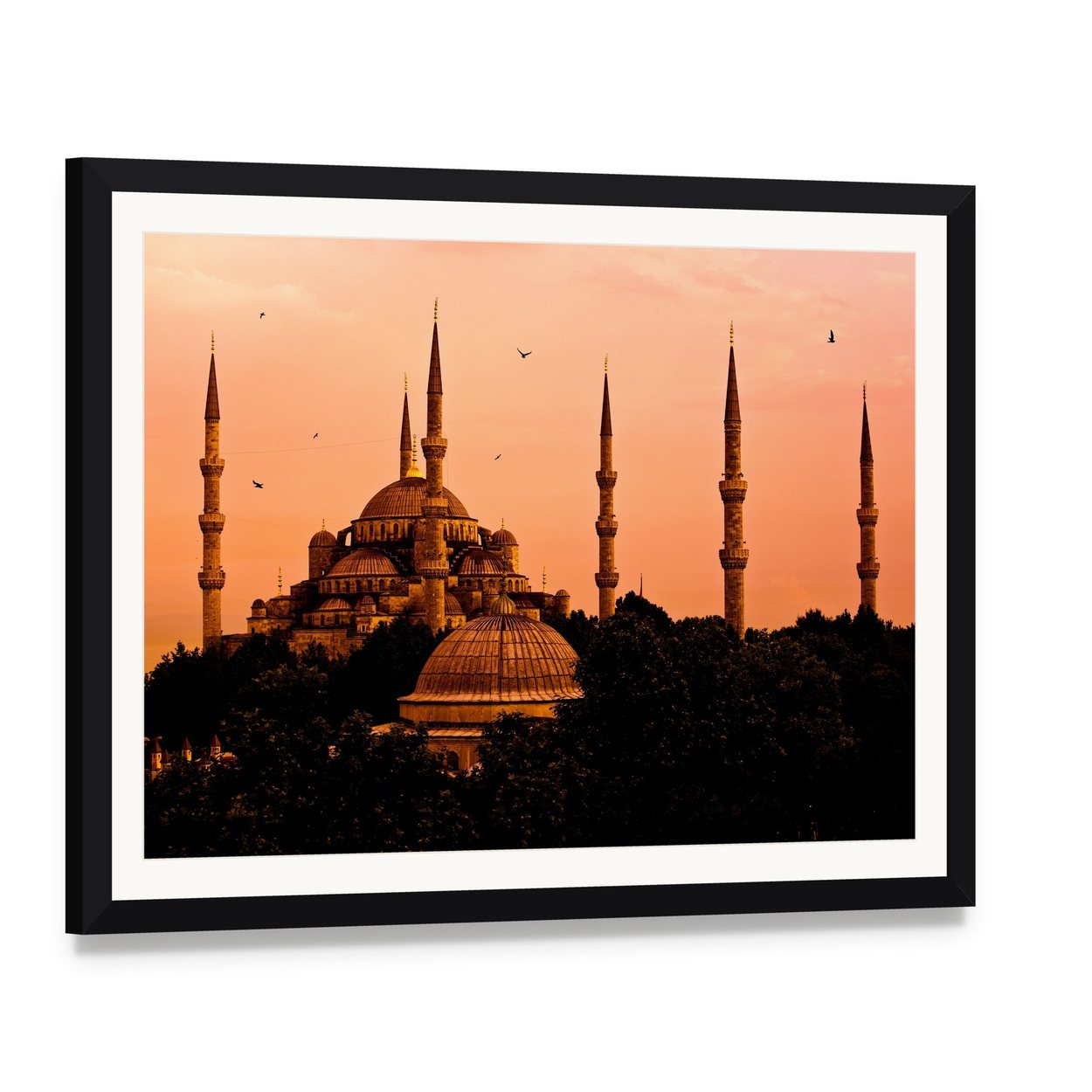 Blue Mosque in Istanbul Canvas Wall Art, framed print with white mat and black frame, angled product view