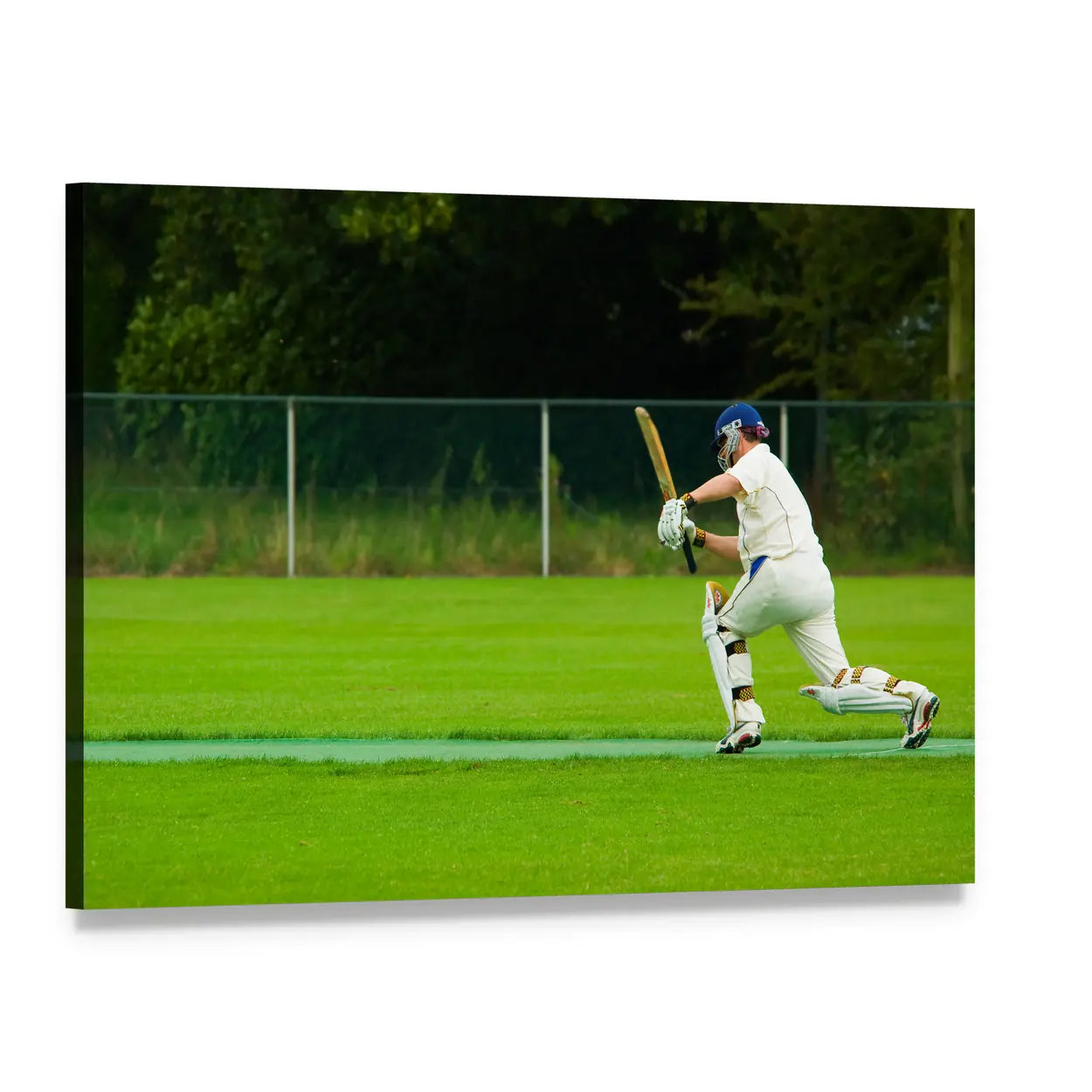 Batsman in Low Stance with Blue Helmet Canvas Wall Art, single panel gallery wrapped canvas, angled product view