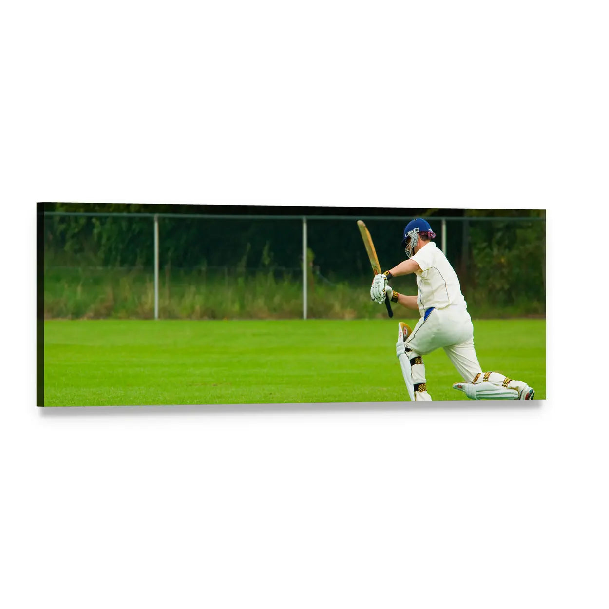 Cricket Player Mid-swing Panoramic Canvas Wall Art, single panel gallery wrapped canvas, angled product view