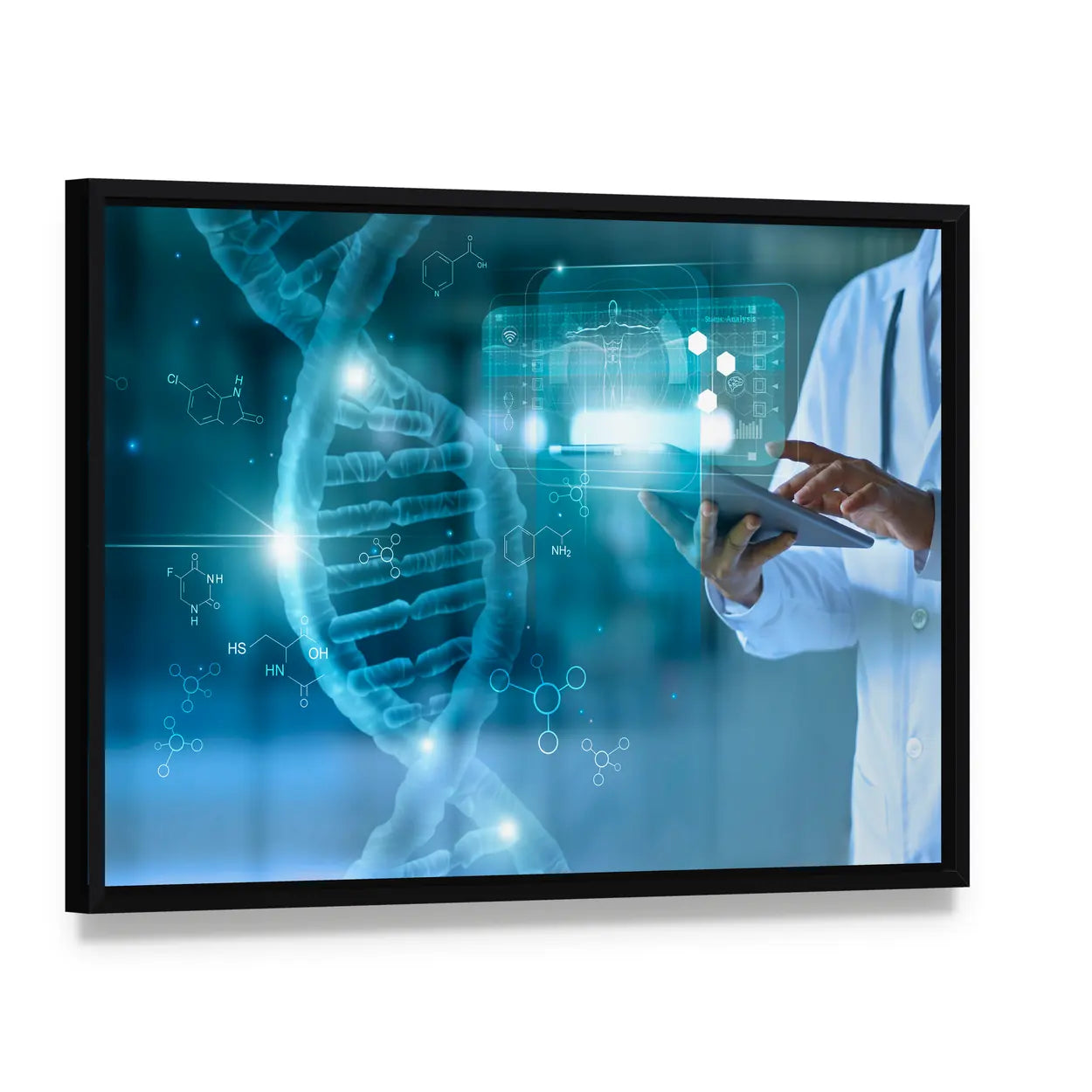 Medical Technology Concept with Doctor and Holographic Display Canvas Wall Art, framed canvas in a black floater frame, angled product view