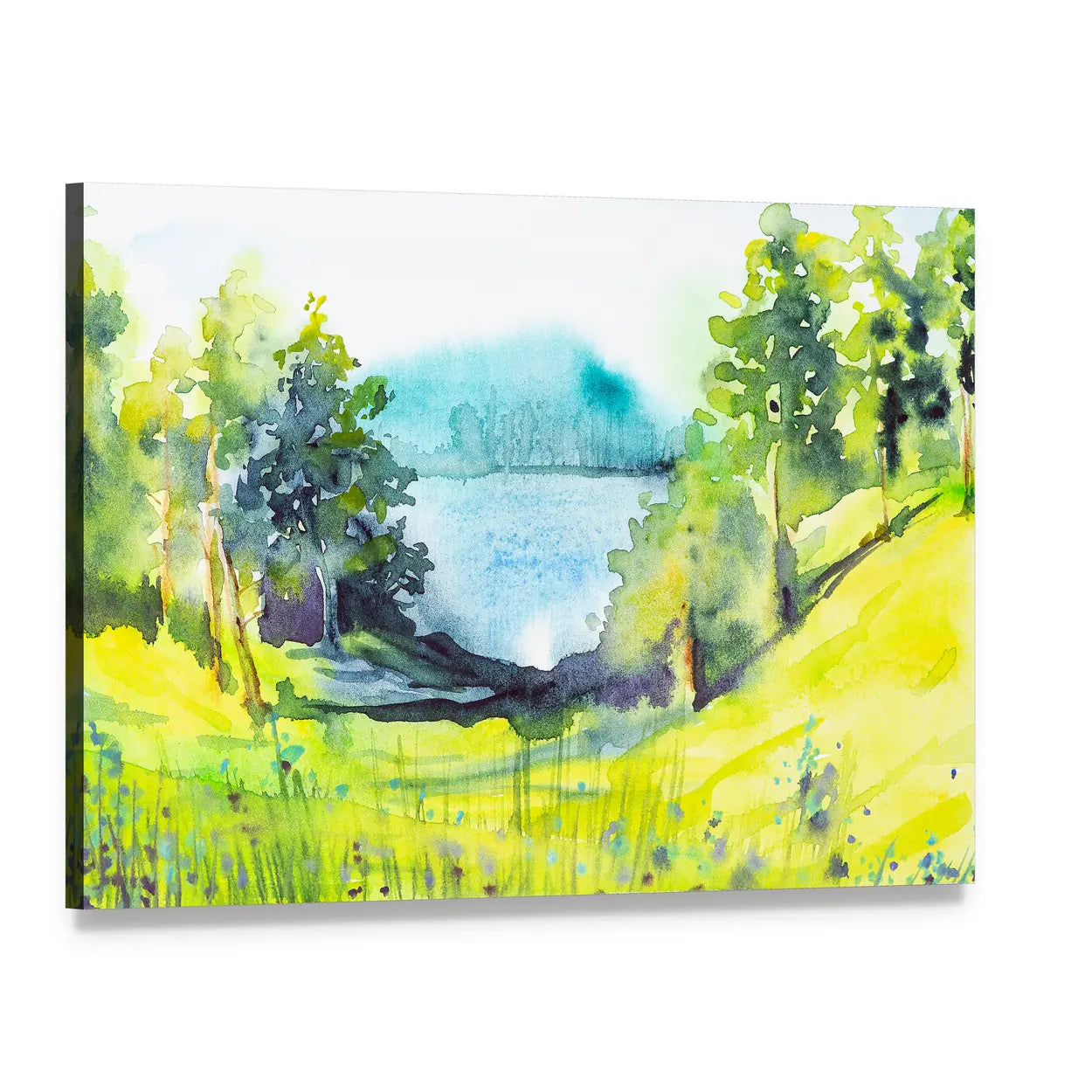 Watercolor Forest by the Lake Canvas Wall Art, single panel gallery wrapped canvas, angled product view