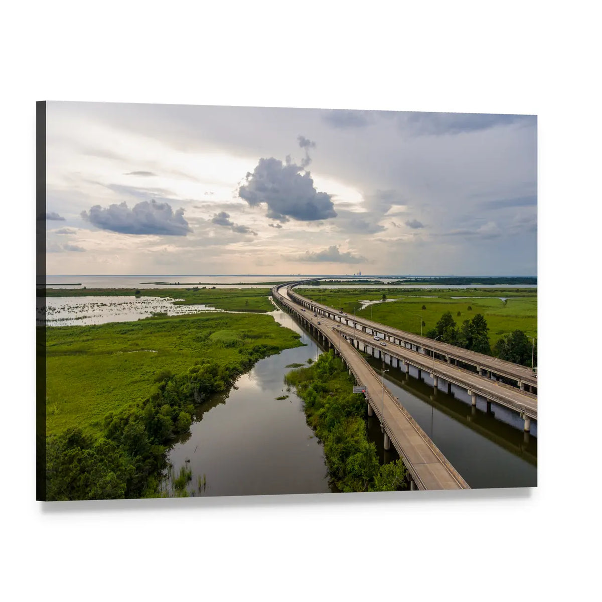Interstate 10 Bridge Over Mobile Bay, Alabama Canvas Wall Art, single panel gallery wrapped canvas, angled product view