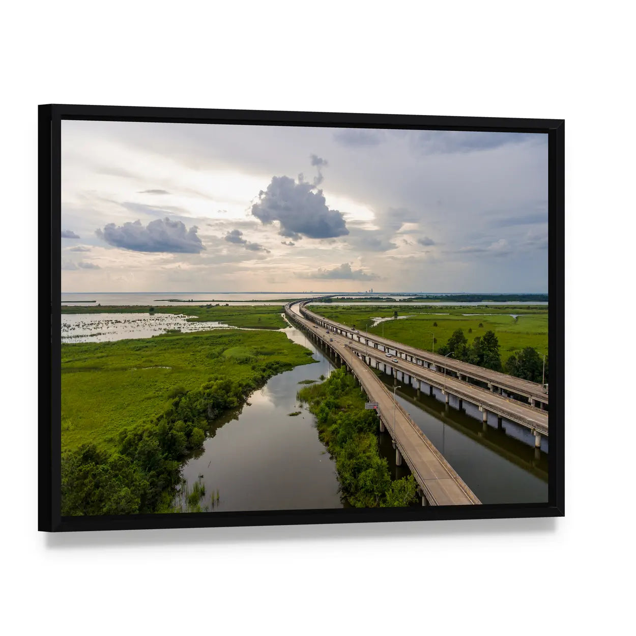 Interstate 10 Bridge Over Mobile Bay, Alabama Canvas Wall Art, framed canvas in a black floater frame, angled product view