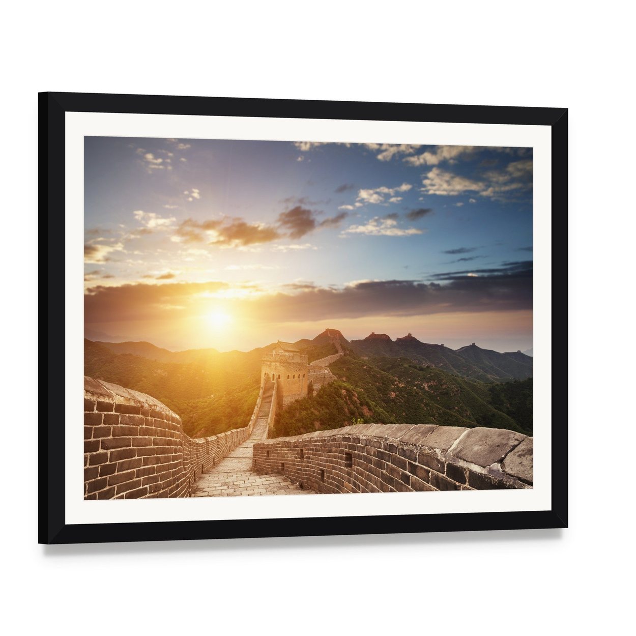 Great Wall of China at Sunset Canvas Wall Art, framed print with white mat and black frame, angled product view