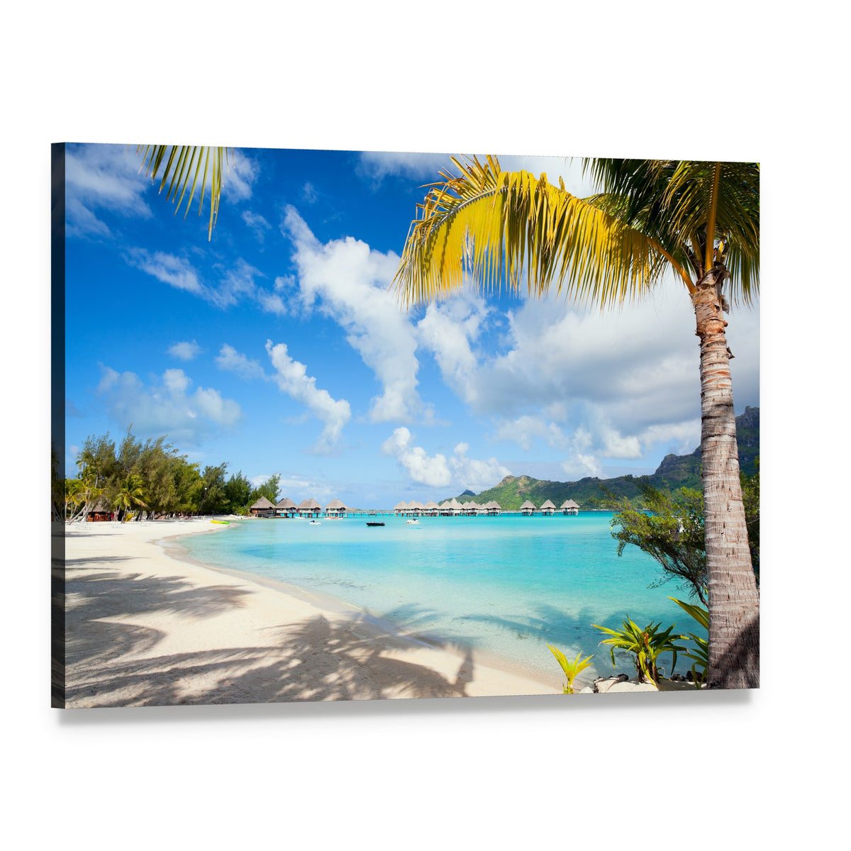 Bora Bora Island with Bungalows and Palm Trees Canvas Wall Art, single panel gallery wrapped canvas, angled product view
