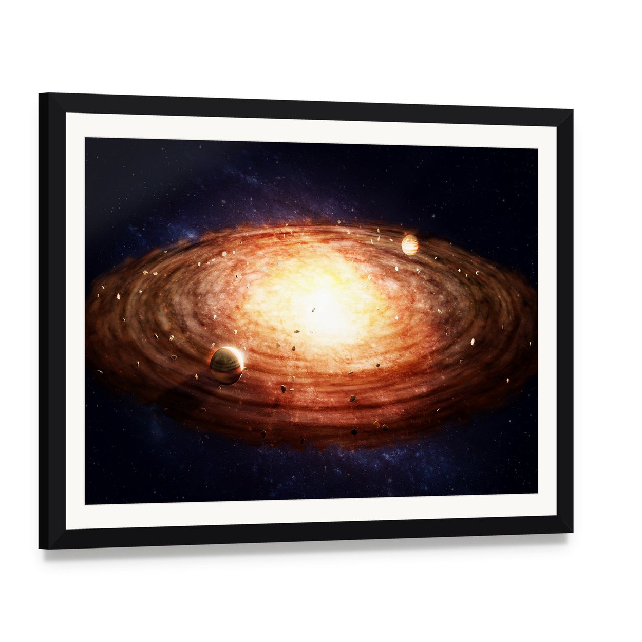 Solar System Protoplanetary Disk Canvas Wall Art, framed print with white mat and black frame, angled product view