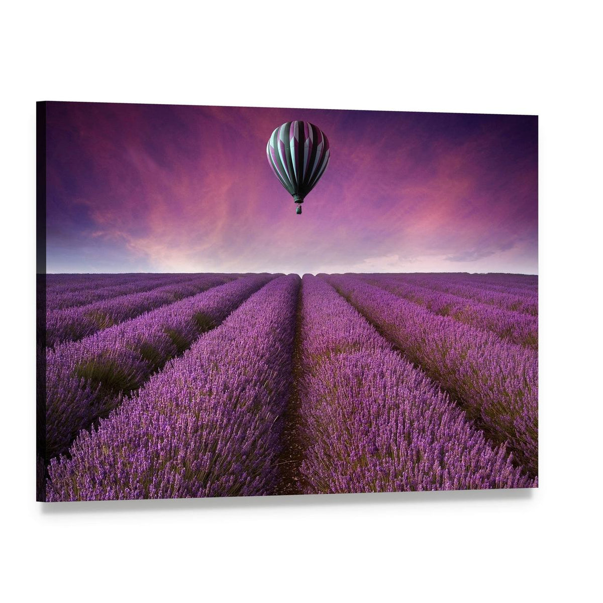 Striped Hot Air Balloon Over Lavender Field at Sunset Canvas Wall Art, single panel gallery wrapped canvas, angled product view