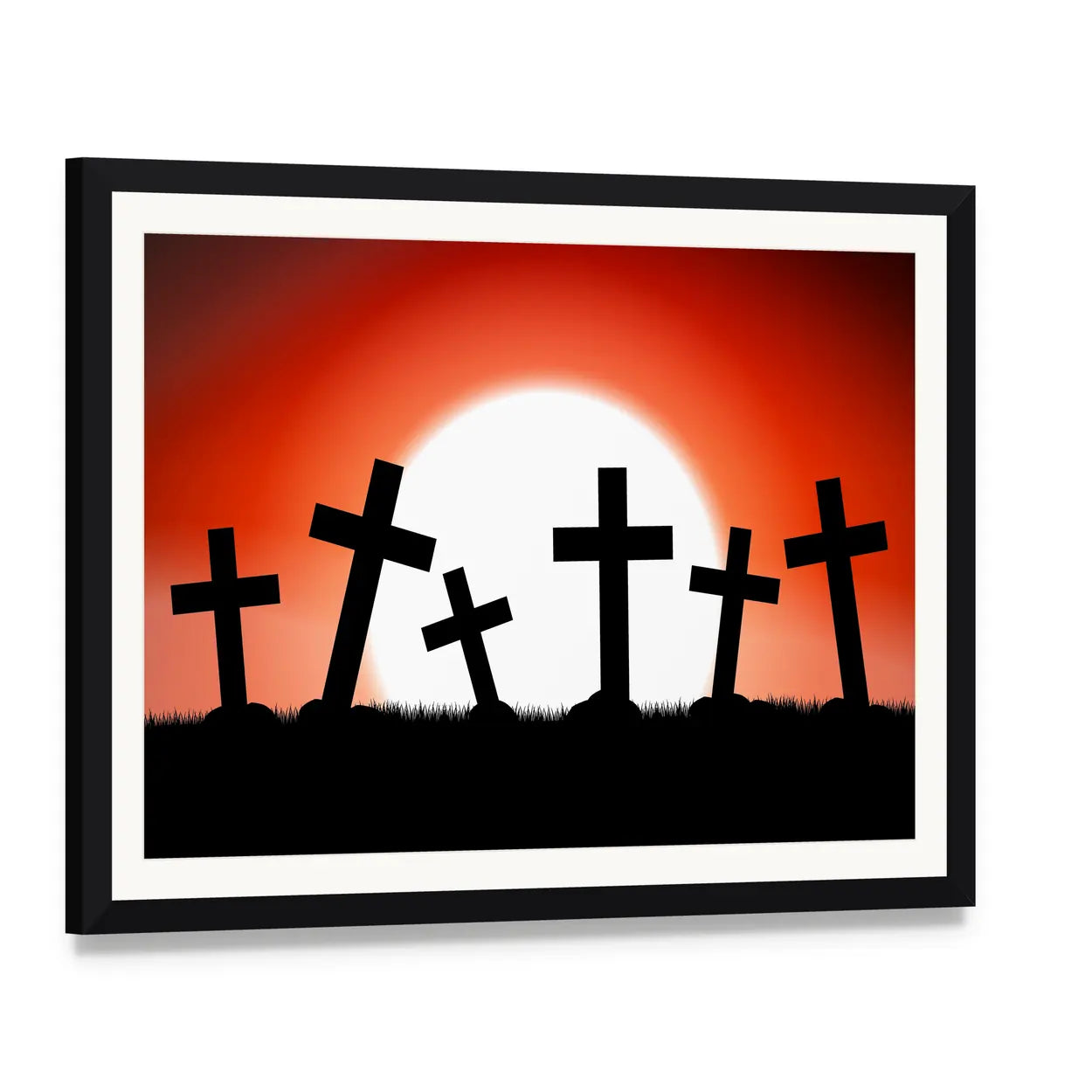 Halloween Red Moon with Cross Silhouettes Canvas Wall Art, framed print with white mat and black frame, angled product view