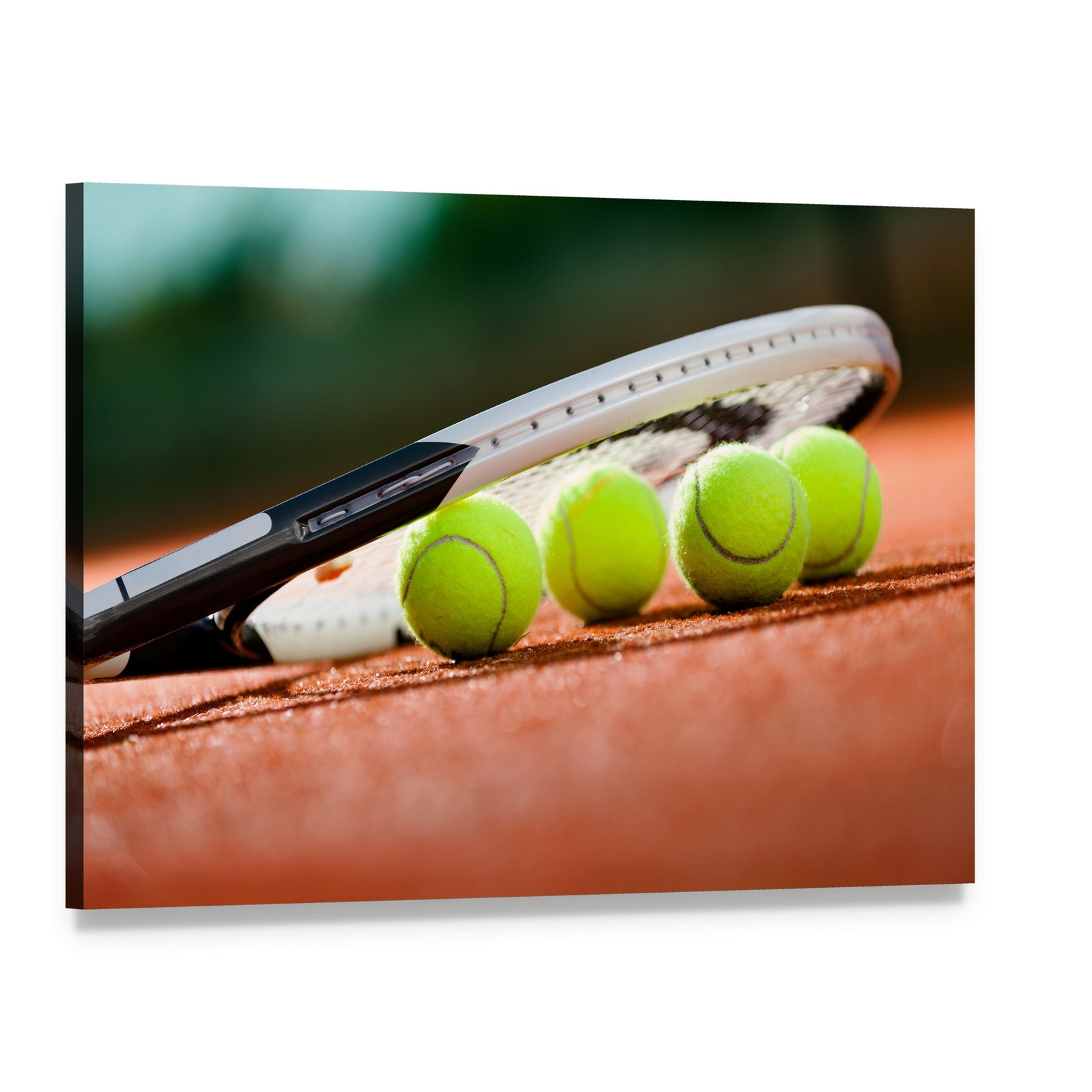 Tennis Racket and Balls Canvas Wall Art, single panel gallery wrapped canvas, angled product view