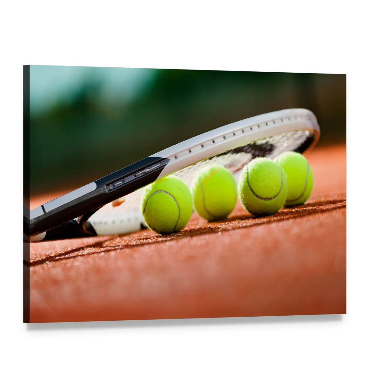 Tennis Racket and Balls on Clay Court Canvas Wall Art, single panel gallery wrapped canvas, angled product view