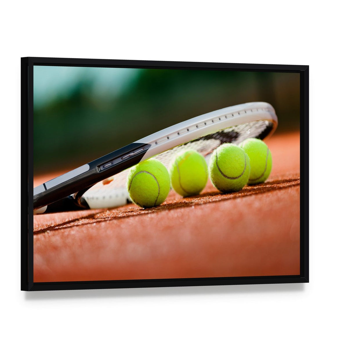 Tennis Racket and Balls Canvas Wall Art, framed canvas in a black floater frame, angled product view