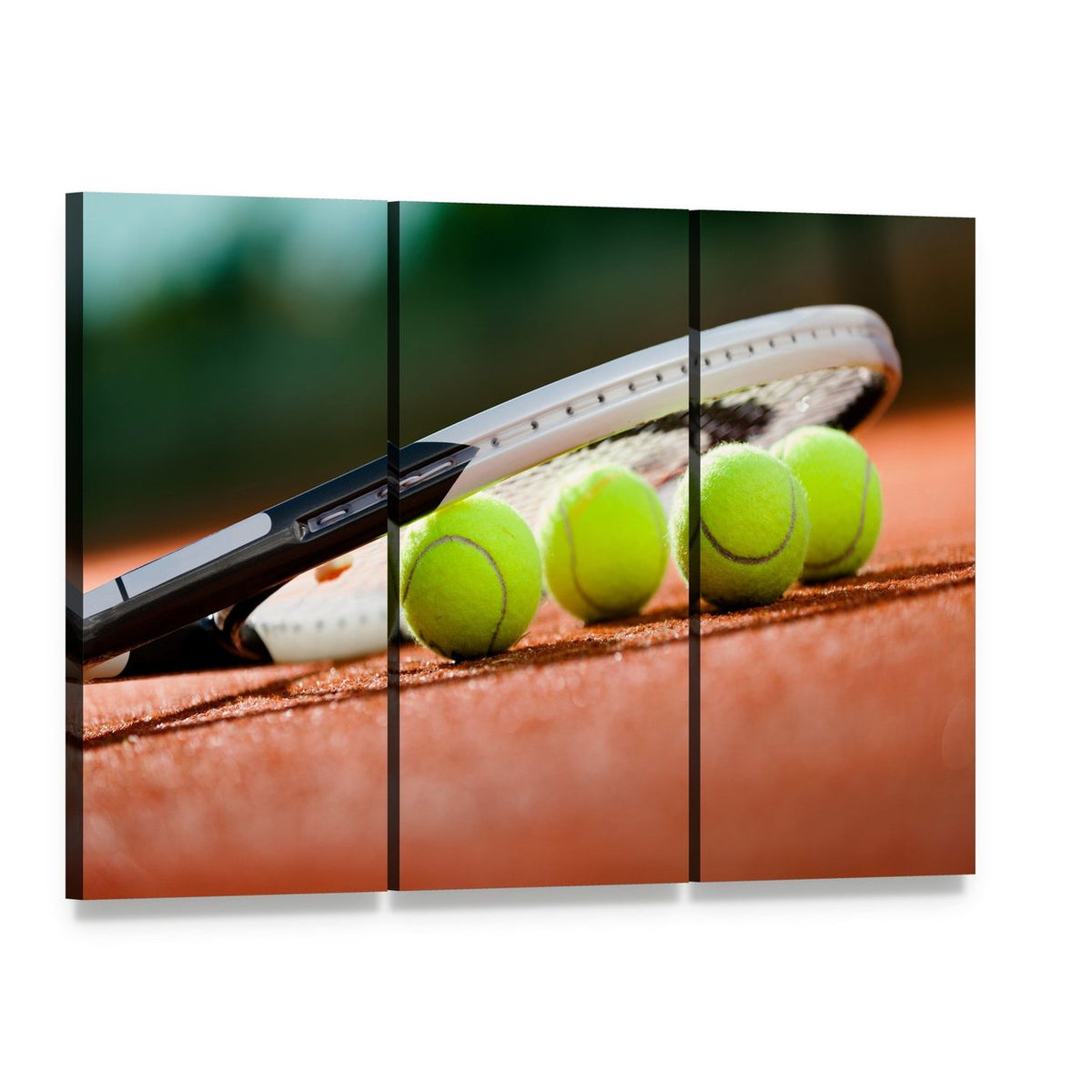 Tennis Racket and Balls Canvas Wall Art, 3 panel 3 Horizontal layout gallery wrapped canvas set, angled product view