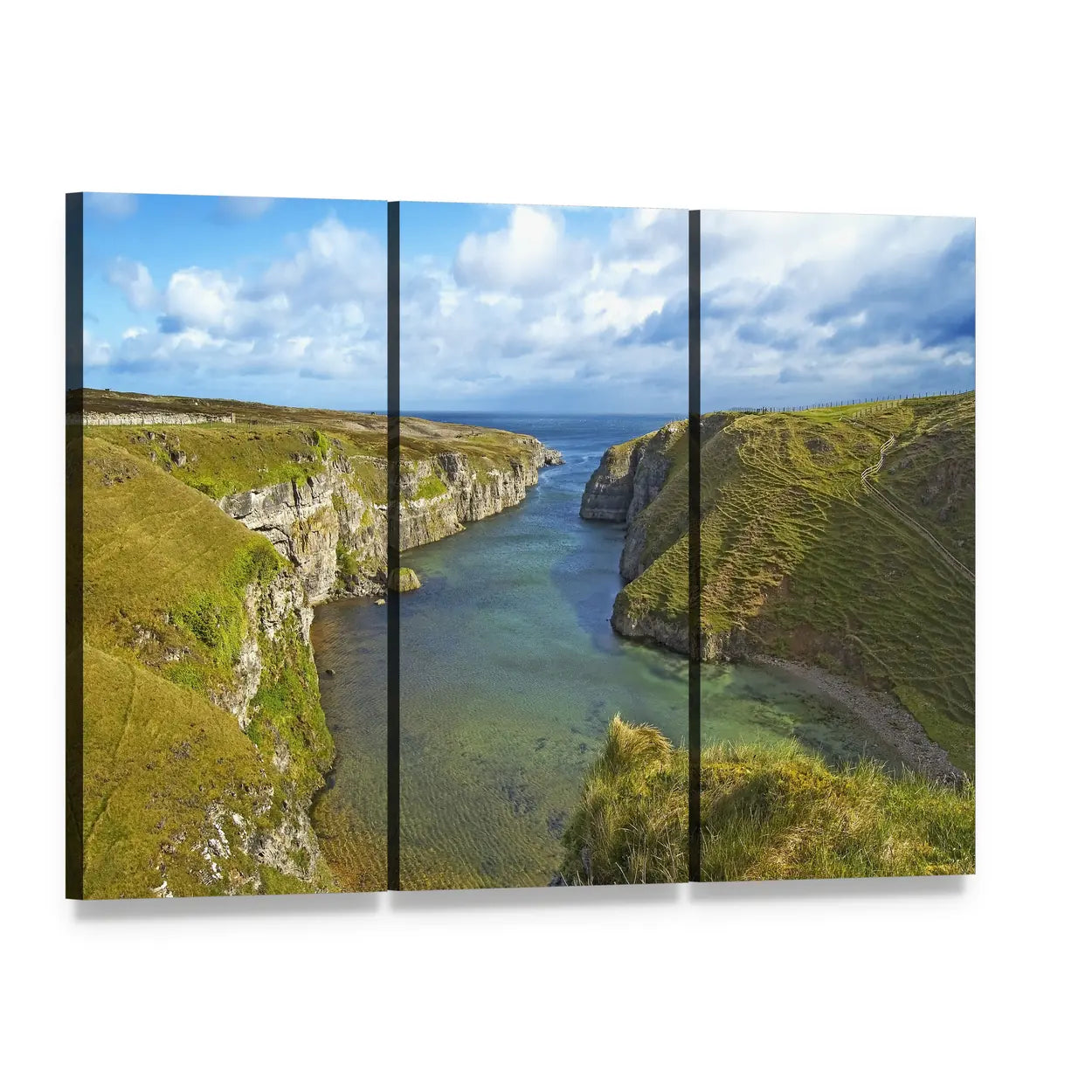Smoo Cave Bay Landscape Canvas Wall Art, 3 panel 3 Horizontal layout gallery wrapped canvas set, angled product view
