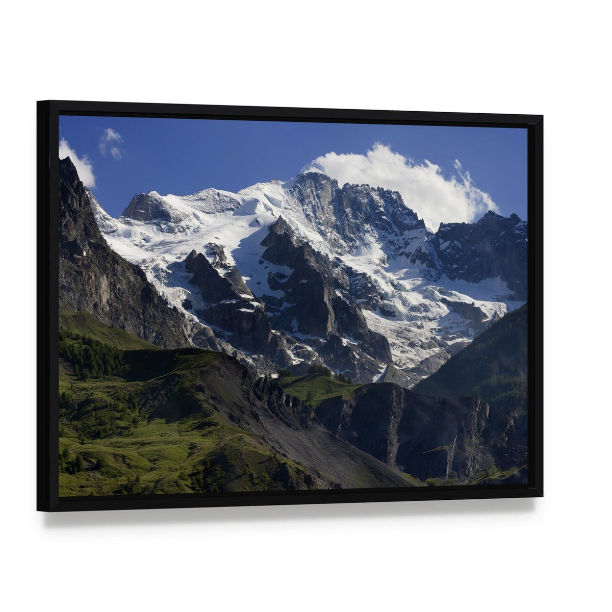 Snow-covered Mountain Landscape in France Canvas Wall Art, framed canvas in a black floater frame, angled product view