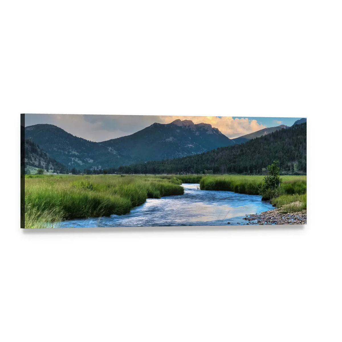 Cub Lake Trail at Golden Hour Panoramic Canvas Wall Art, single panel gallery wrapped canvas, angled product view