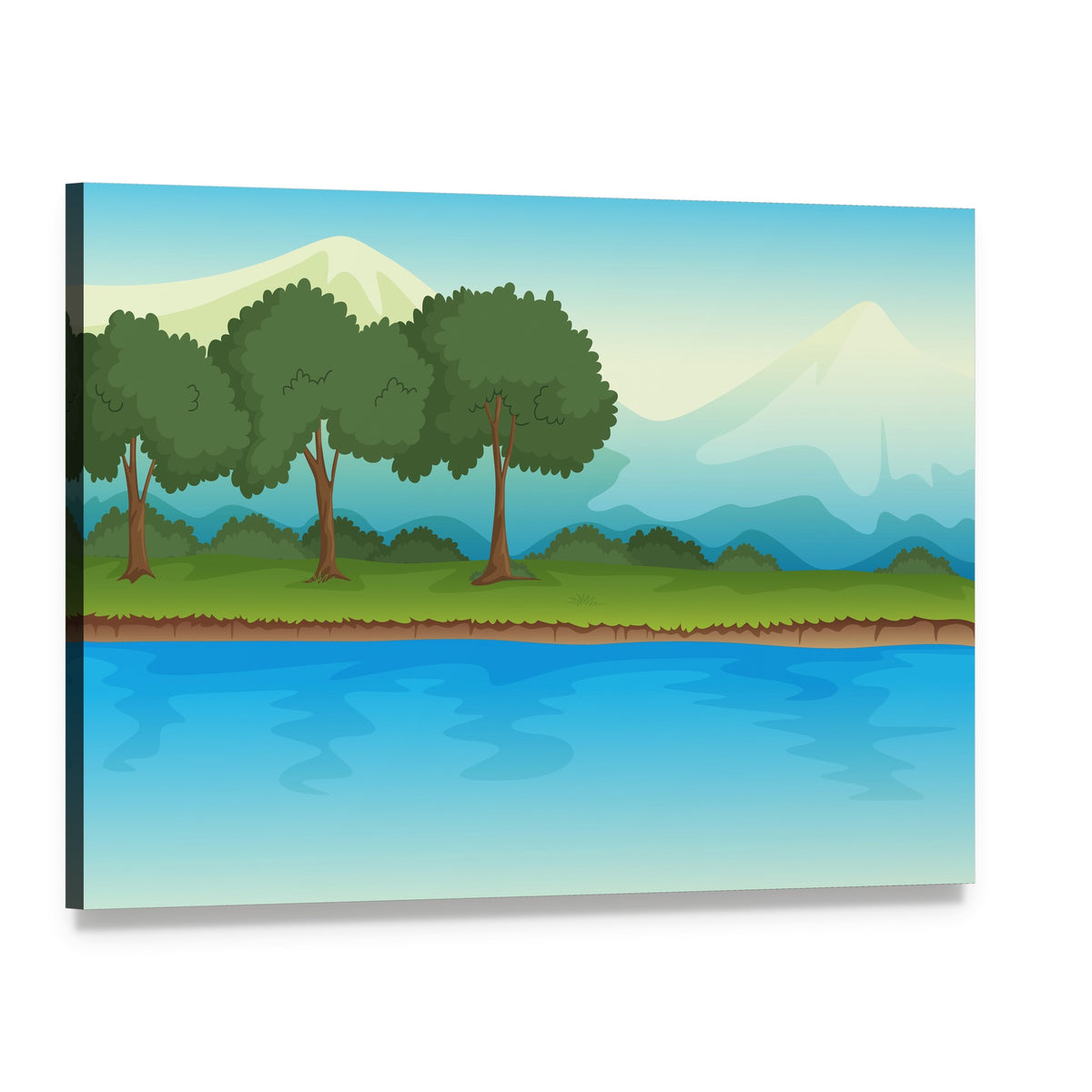River and Snow-capped Mountains Illustration Canvas Wall Art, single panel gallery wrapped canvas, angled product view
