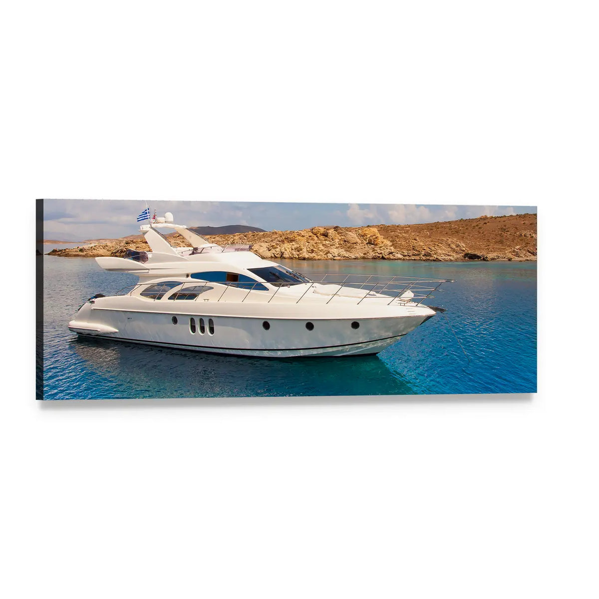 Luxury Yacht Near Rugged Coastline Panoramic Canvas Wall Art, single panel gallery wrapped canvas, angled product view