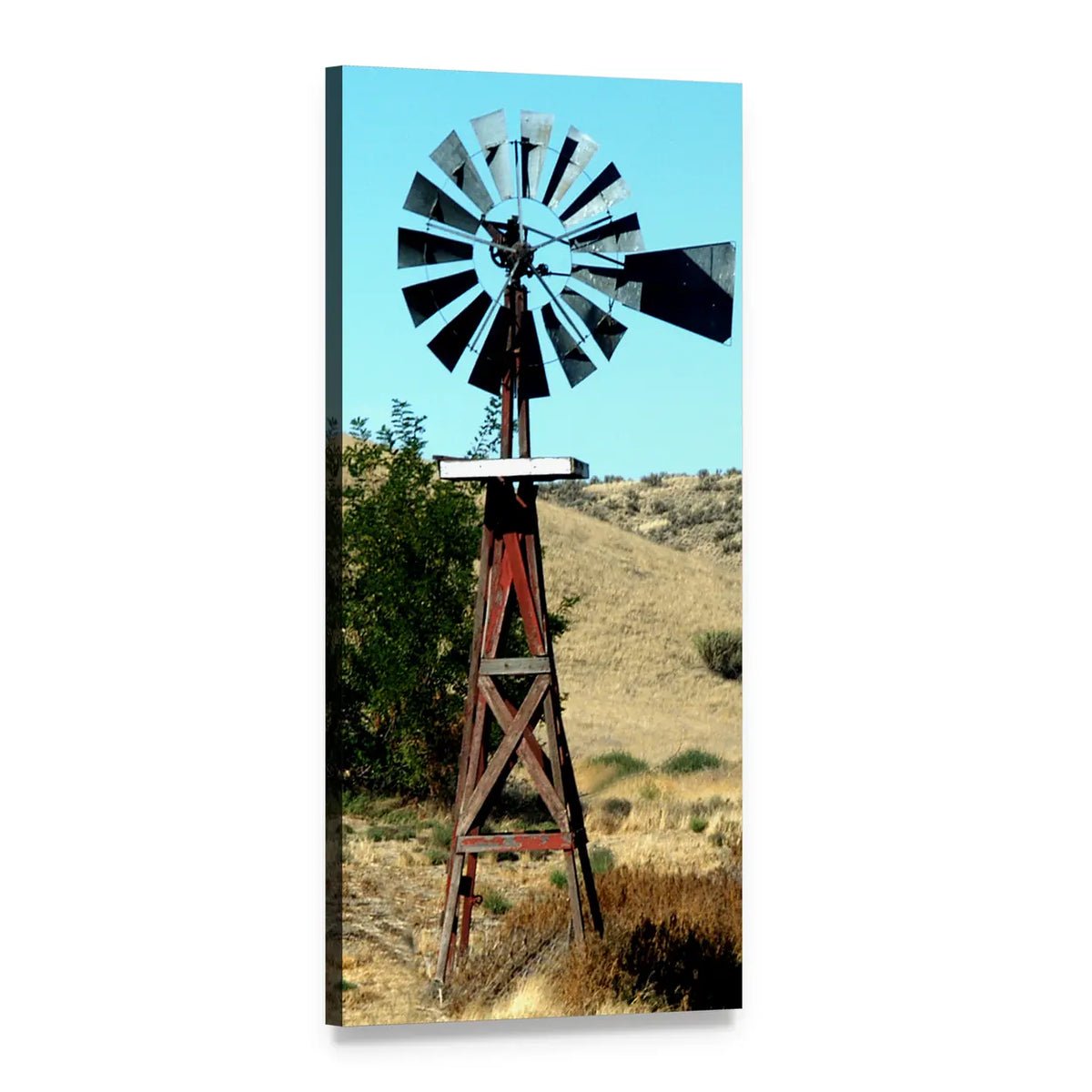 Vintage Windmill Over Rolling Hills Vertical Canvas Wall Art, 1 panel 1 Vertical layout gallery wrapped canvas set, angled product view
