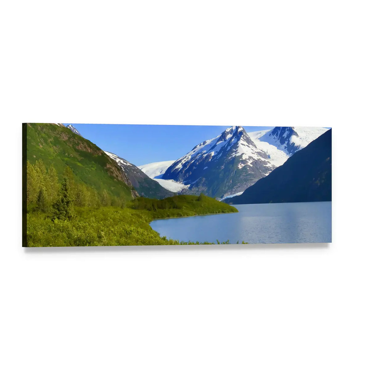 Alaska Mountain Lake View Panoramic Canvas Wall Art, single panel gallery wrapped canvas, angled product view