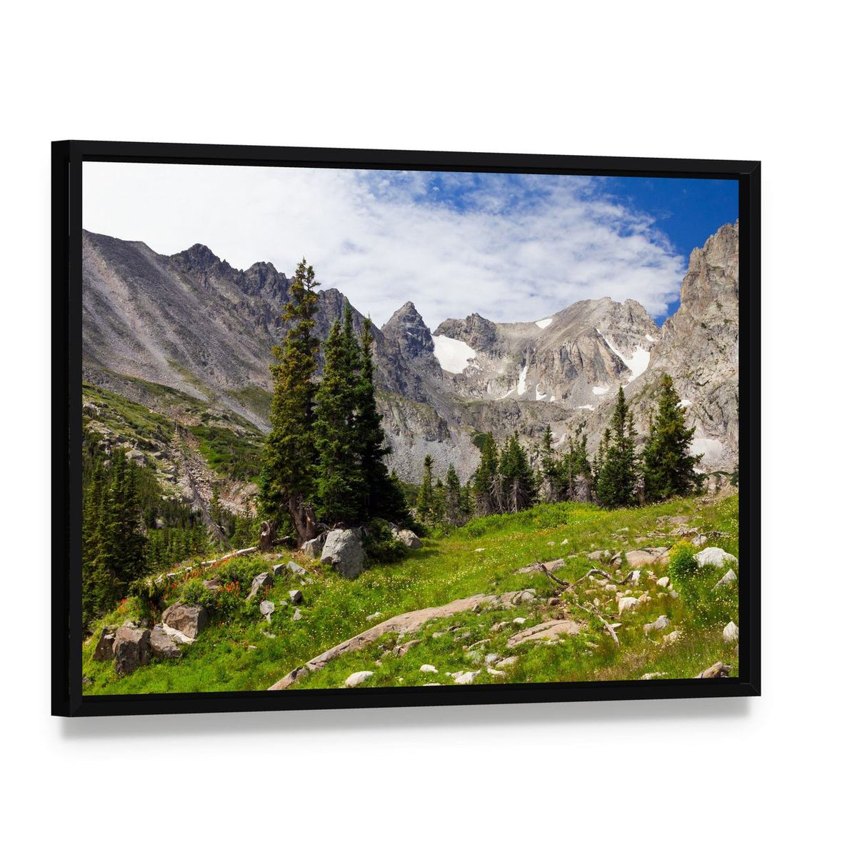 Rocky Mountains Landscape Canvas Wall Art, framed canvas in a black floater frame, angled product view
