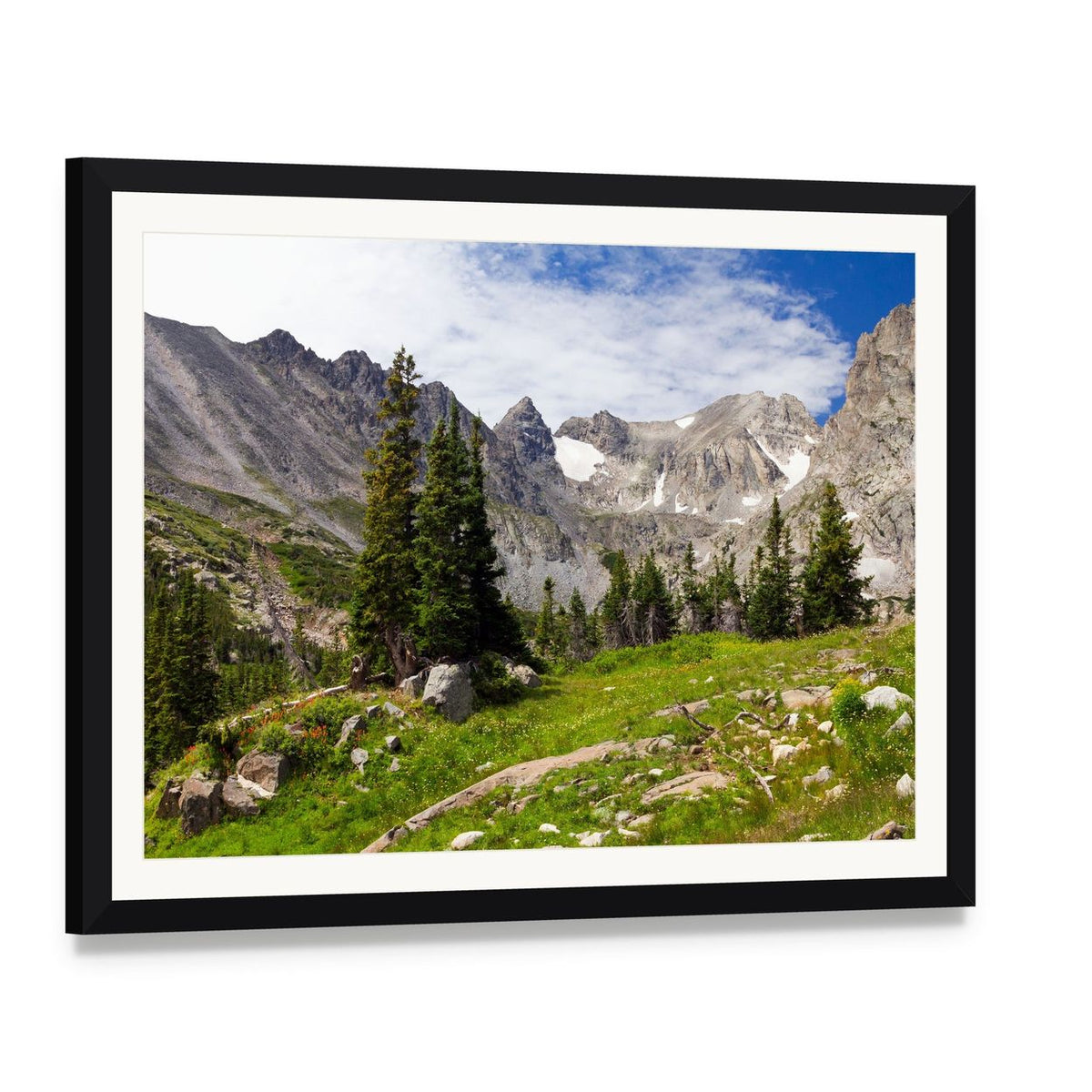 Rocky Mountains Landscape Canvas Wall Art, framed print with white mat and black frame, angled product view