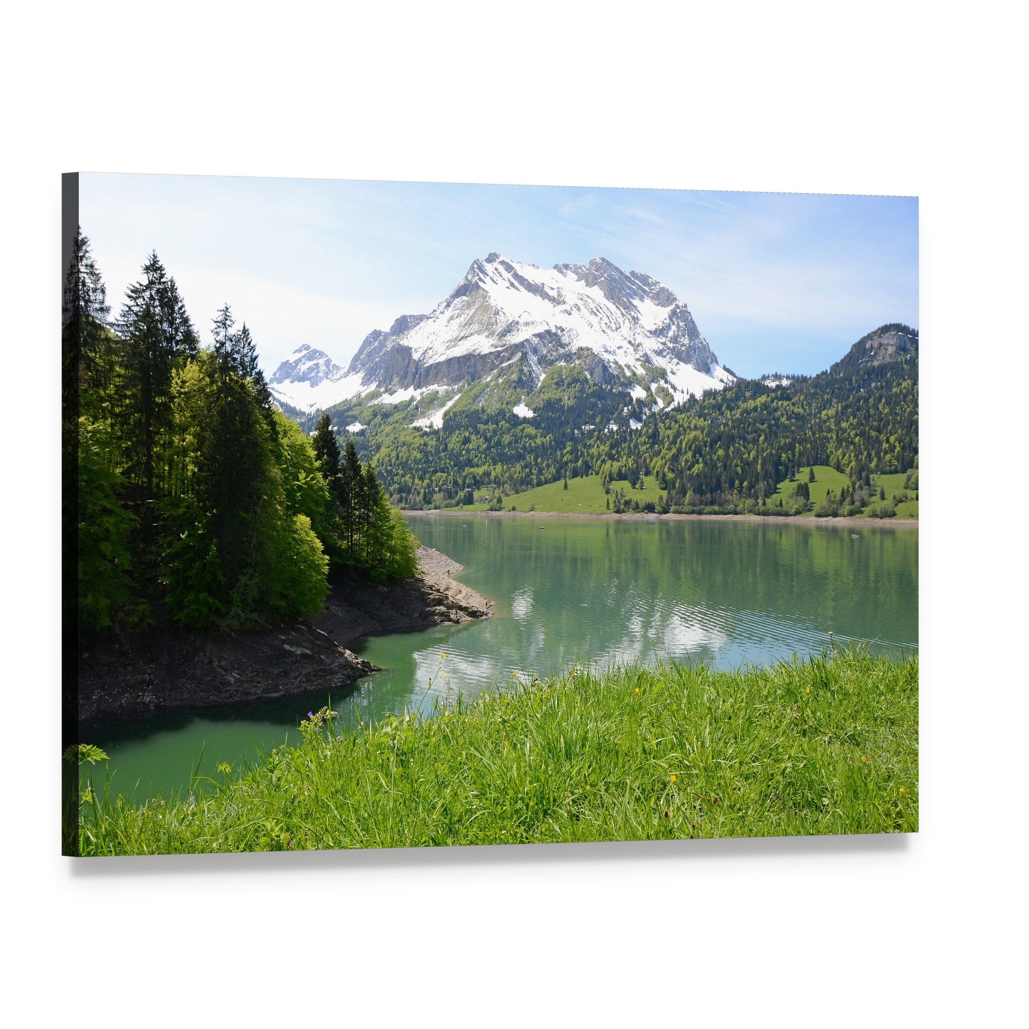 Mountain Lake Scene Canvas Wall Art, single panel gallery wrapped canvas, angled product view