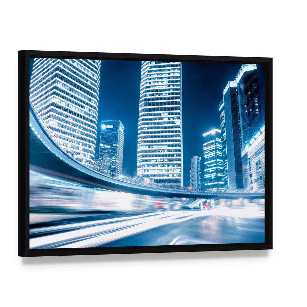 Fast Moving Cars at Night Canvas Wall Art, framed canvas in a black floater frame, angled product view