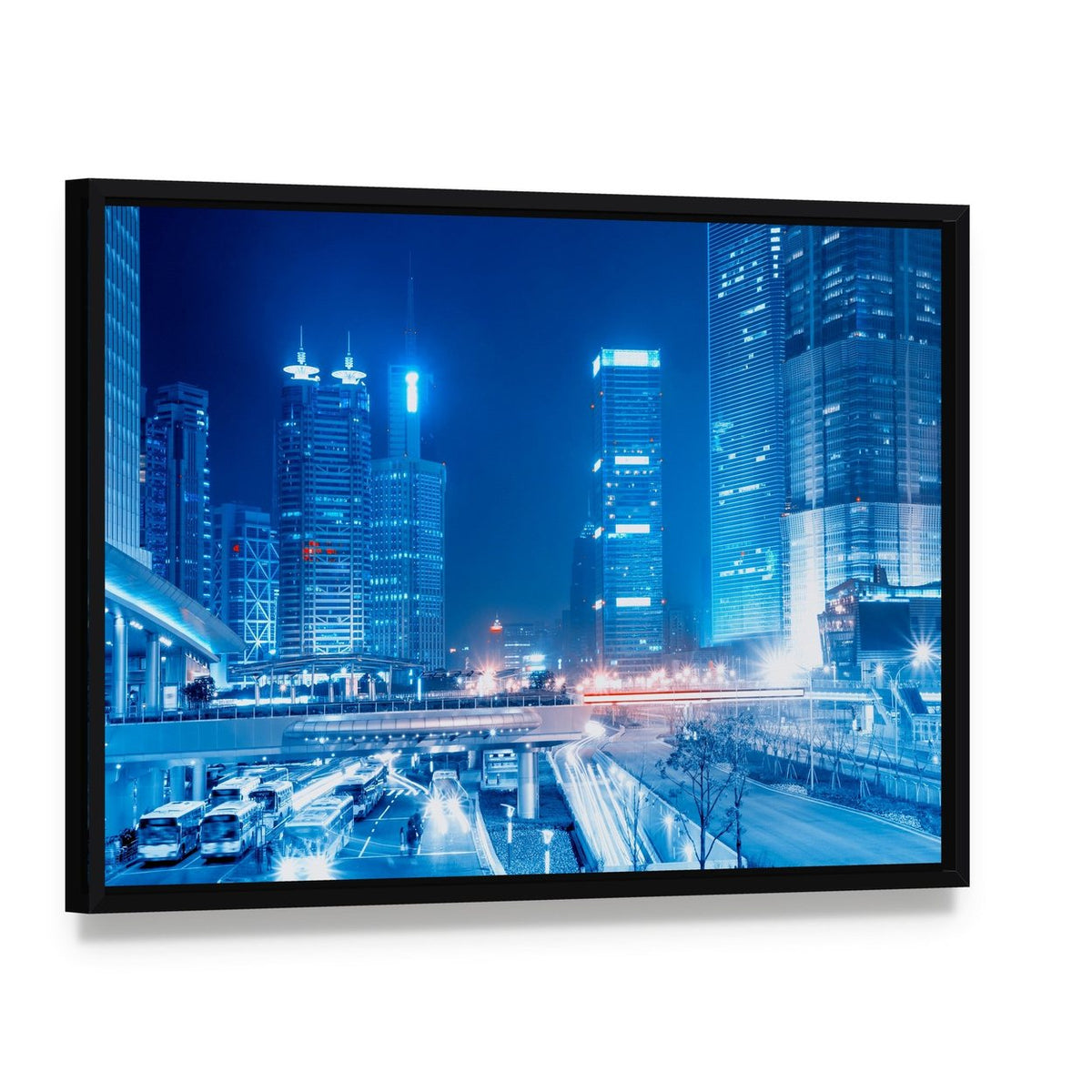 Speedy Cars at Night Canvas Wall Art, framed canvas in a black floater frame, angled product view