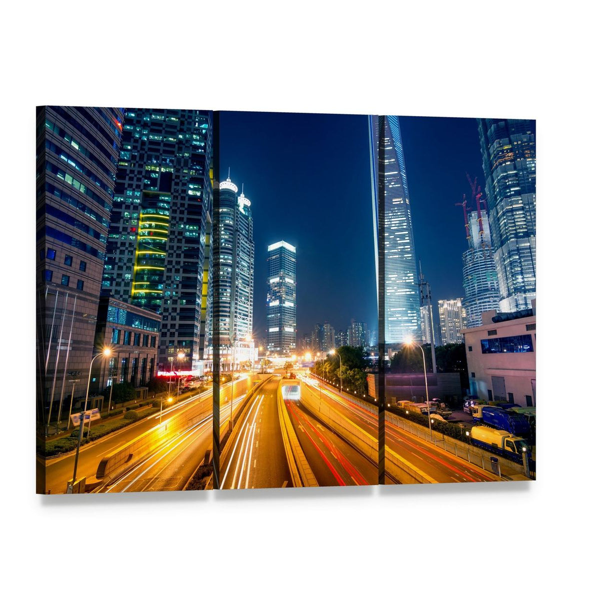 Light Trails on Street Shanghai Canvas Wall Art, 3 panel 3 Horizontal layout gallery wrapped canvas set, angled product view