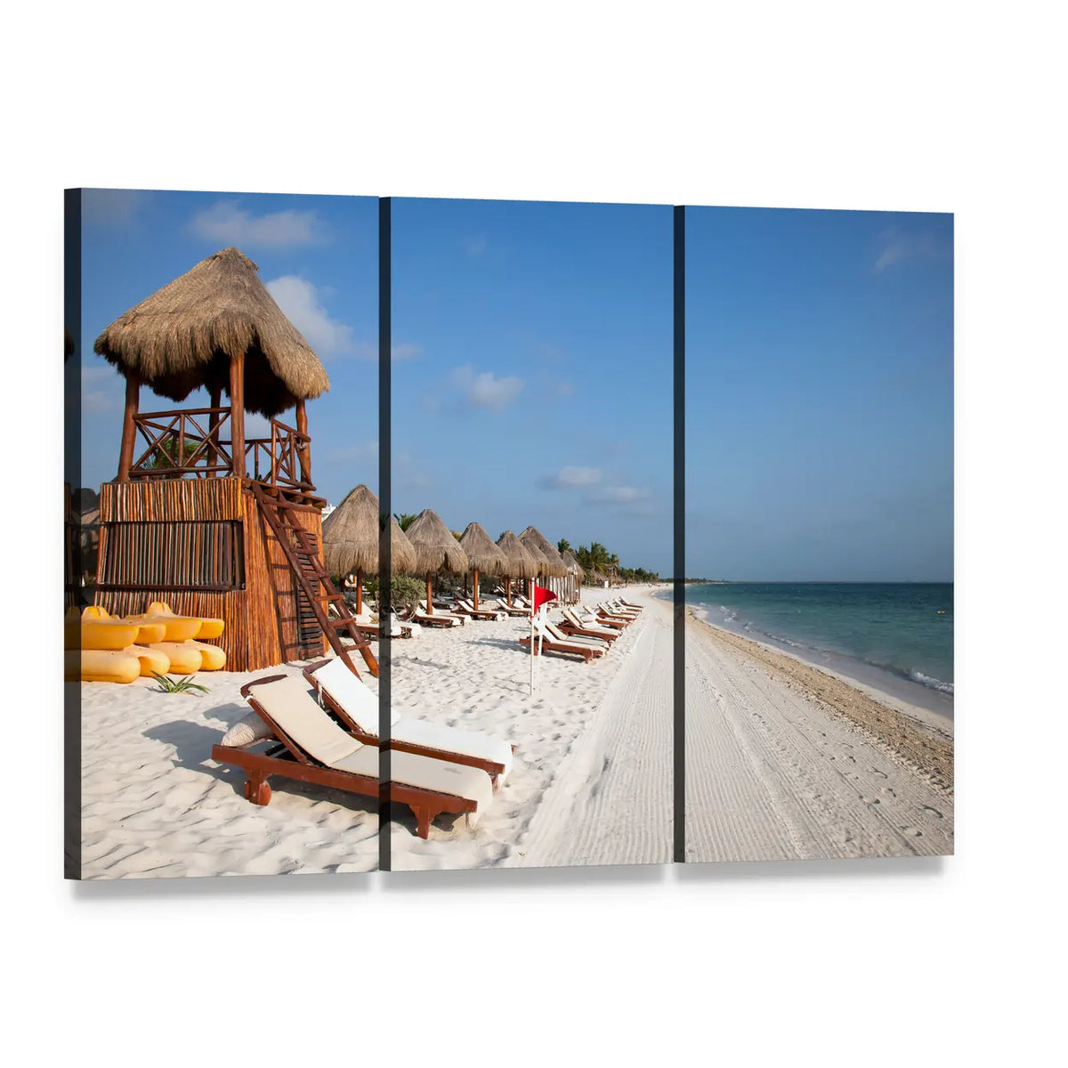 Playa Del Carmen Beach with Thatched Lifeguard Tower Canvas Wall Art, 3 panel 3 Horizontal layout gallery wrapped canvas set, angled product view