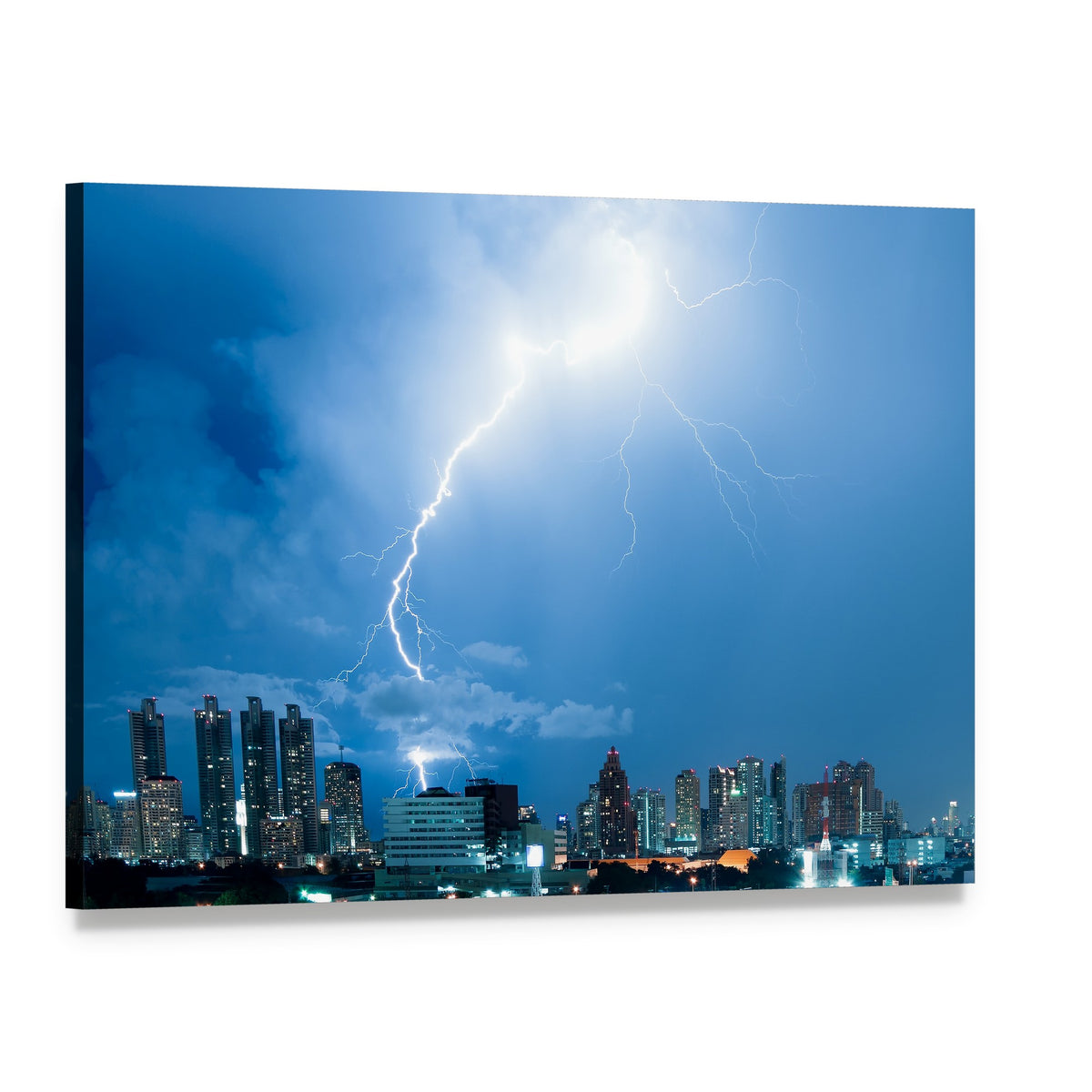 Lightning Strike Over City Skyline Canvas Wall Art, single panel gallery wrapped canvas, angled product view