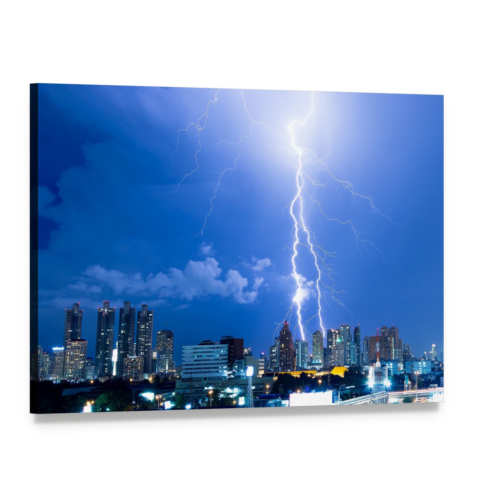 Lightning Strike Over City Skyline Canvas Wall Art, single panel gallery wrapped canvas, angled product view