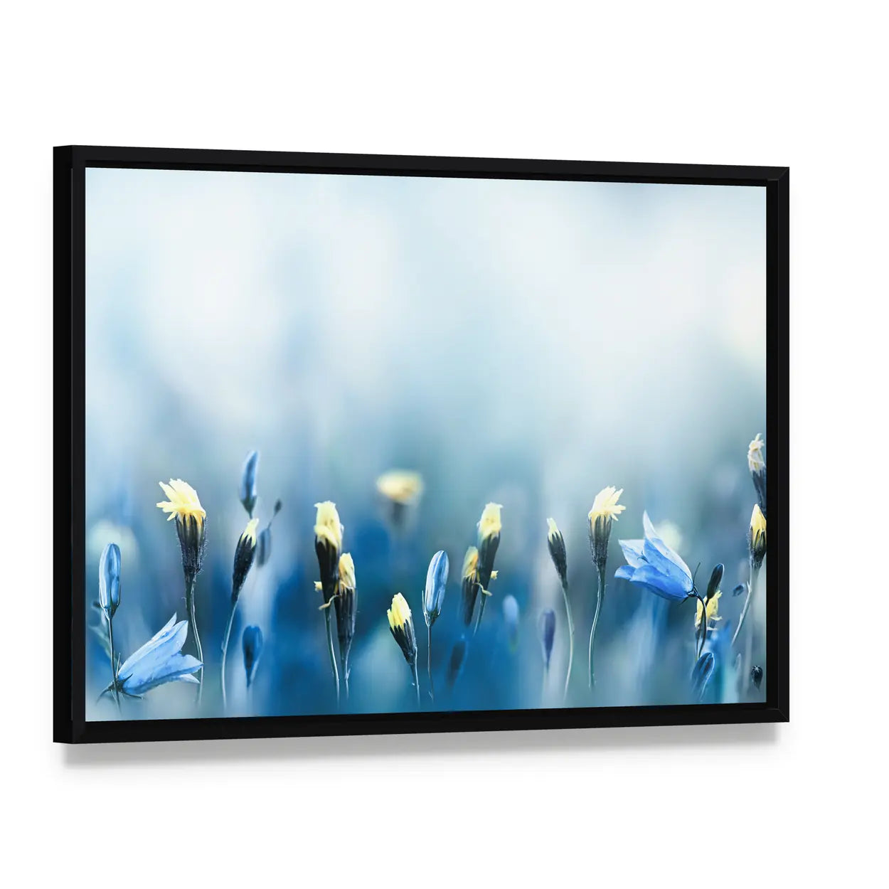 Yellow Dandelions Canvas Wall Art, framed canvas in a black floater frame, angled product view