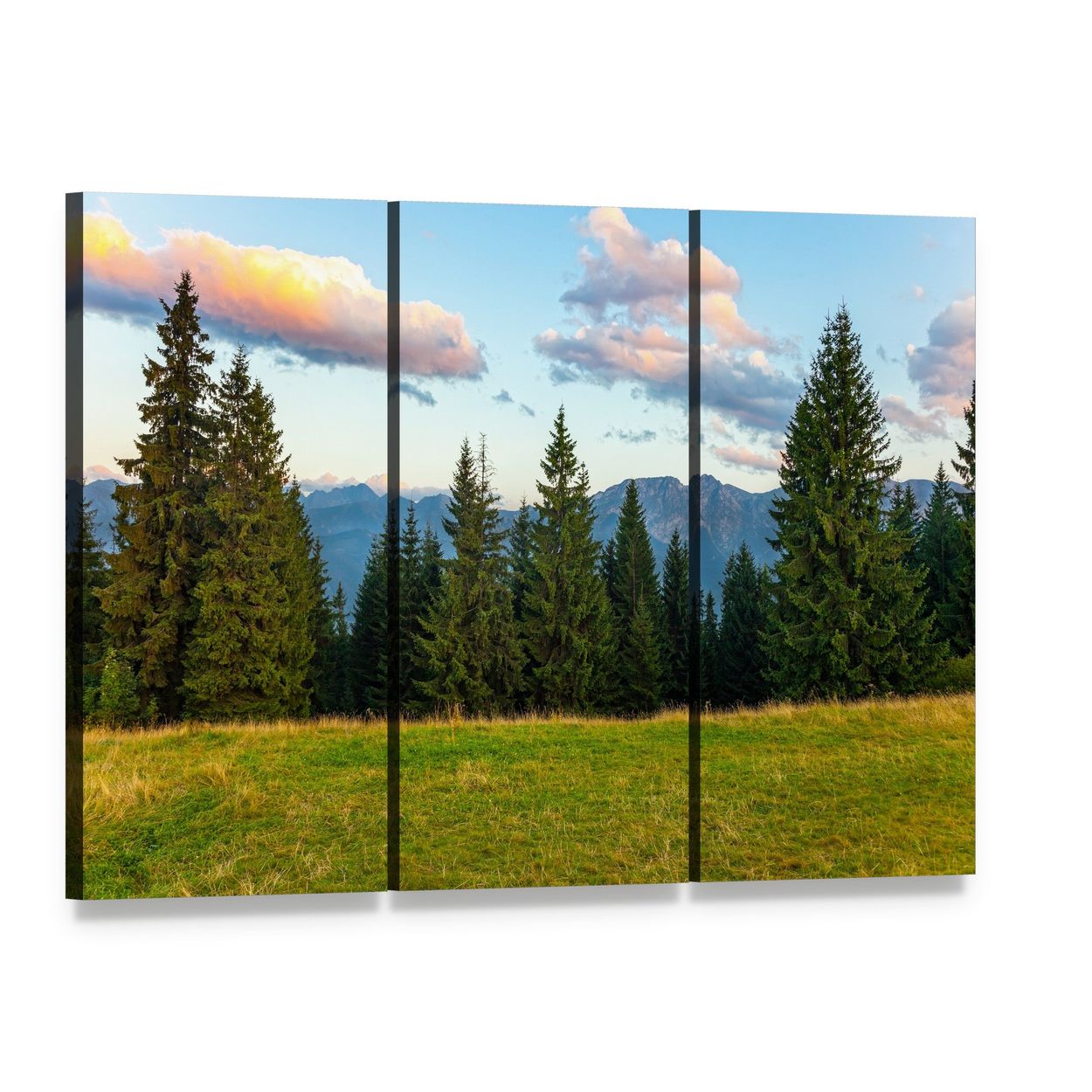 Summer View of the Tatra Mountains Canvas Wall Art, 3 panel 3 Horizontal layout gallery wrapped canvas set, angled product view