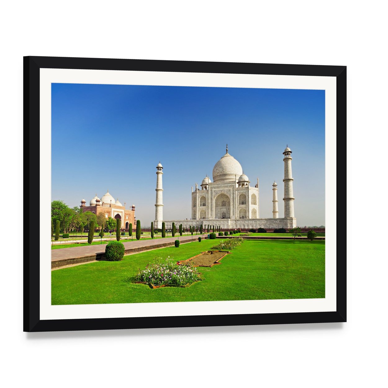 Taj Mahal in Agra India Canvas Wall Art, framed print with white mat and black frame, angled product view