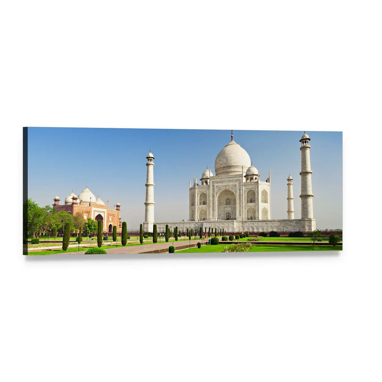 Taj Mahal in Agra Panoramic Canvas Wall Art, single panel gallery wrapped canvas, angled product view