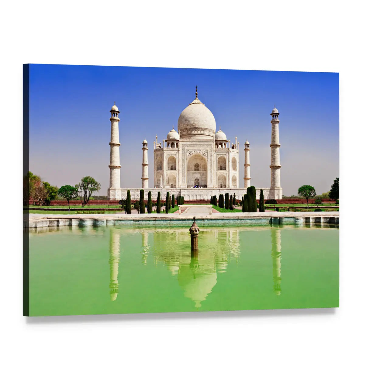Taj Mahal with Green Reflecting Pool Canvas Wall Art, single panel gallery wrapped canvas, angled product view