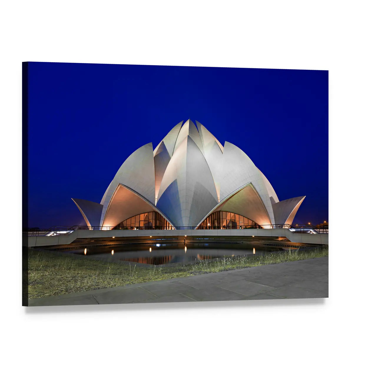 Lotus Temple at Night Canvas Wall Art, single panel gallery wrapped canvas, angled product view